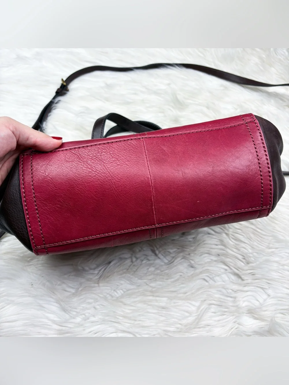 Fossil Emma Satchel Maroon Red Brown Cow Hide Leather Crossbody Bag Purse
